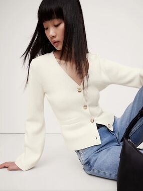 BANANA REPUBLIC Larkspur Cotton-Silk Flare-Sleeve Cardigan Cream Sz Medium